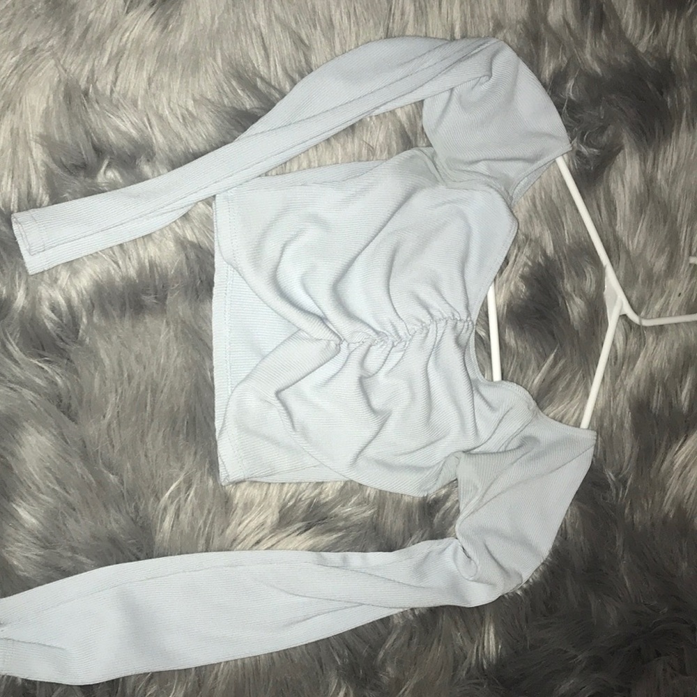 blue off the shoulder long sleeve